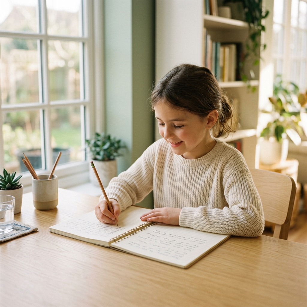Happy child writing